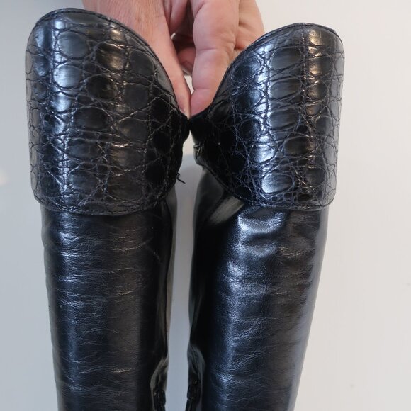 Women Gucci Black 100% Leather Alligator Croc Knee High Heel Designer Boots 6 - Picture 4 of 16
